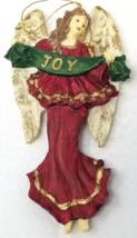 Joyful Angel Christmas Ornament Flying Green Banner Resin 1990 Vintage - £9.87 GBP