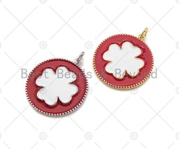 White Enamel Clover On Red Round Coin Pendant,CZ Micro Enamel pendant,En... - $3.90