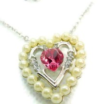 18&quot; Avon Vintage Necklace Silver Tone Double Simulated Pearls Pink Heart... - £14.78 GBP