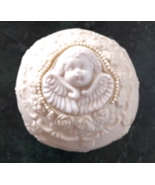 VTG White Bisque Round Trinket Box Lidded Dish Angel Roses Flowers Floral - $27.12 CAD
