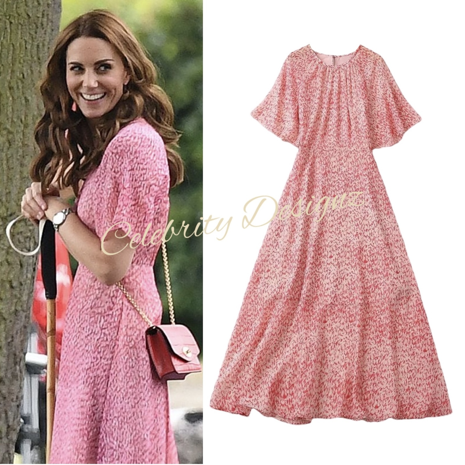 Kate Middleton Inspired Geometric Print Flutter Sleeve Fit-&-Flare Chiffon Dress