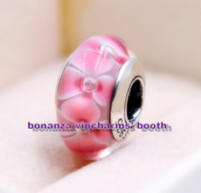 925 Sterling Silver Handmade Glass Lampwork Light Pink Flower Murano Glass Charm - $4.20