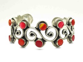Mexico Red Agate Cabochon Openwork Cuff Bracelet Sterling Silver - £399.05 GBP