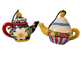 Lot 2 Vintage Mary Engelbreit Teapot Ornaments Resin Daisy Flowers Black Polka  - £15.16 GBP