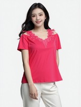 Women Top Unbranded Women Pink Short Sleeve Floral Neckline Top Size L - $11.48 CAD