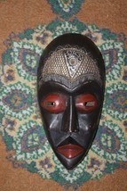 Old Antique Handcrafted In Ghana Africa Wooden Mask Carved with Metal Inlay Rare - £52.03 GBP