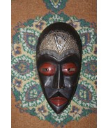 Old Antique Handcrafted In Ghana Africa Wooden Mask Carved with Metal In... - £51.18 GBP