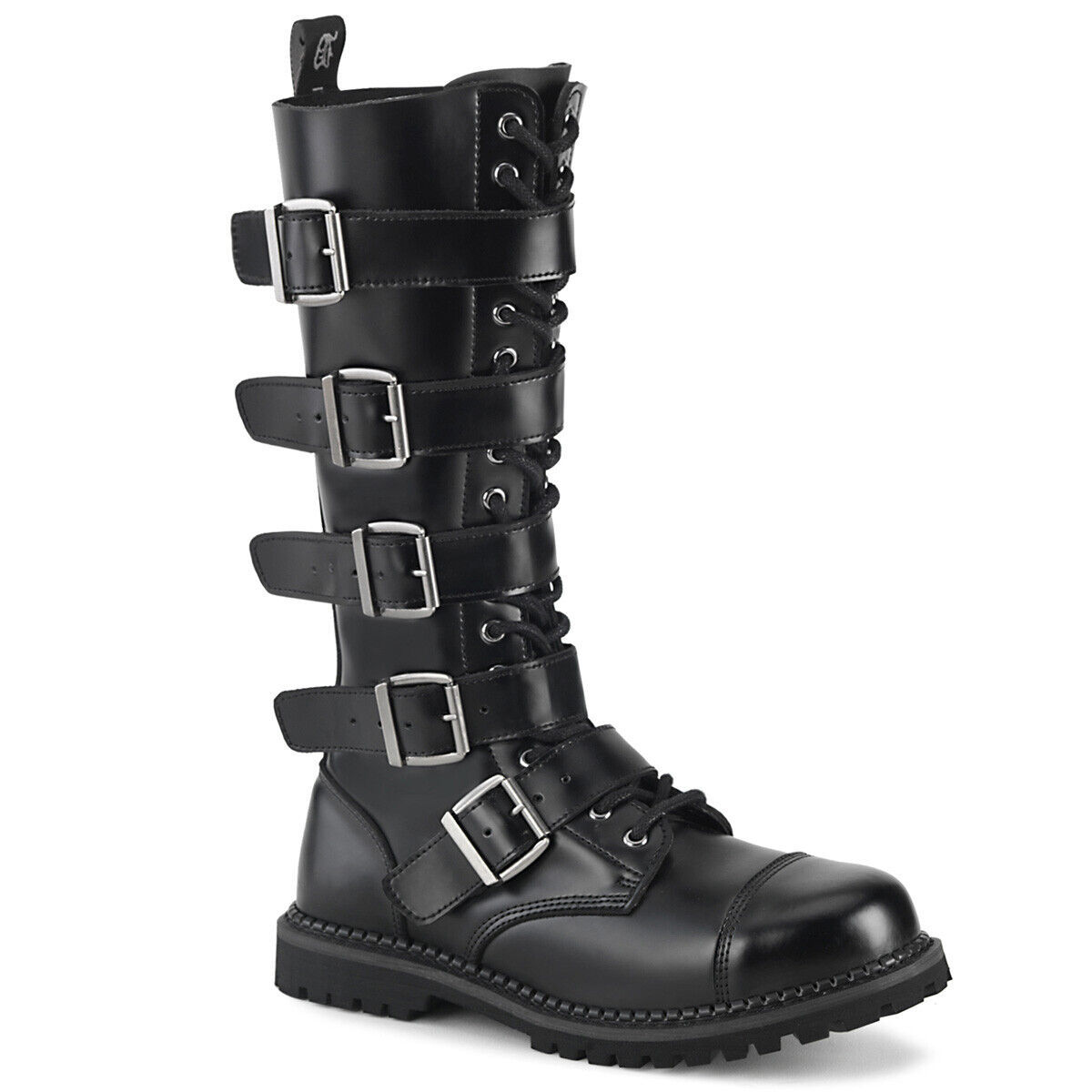 Primary image for SALE DEMONIA RIOT-18BK Mens Black Leather Combat Steel Toe Knee High Boots 8
