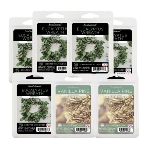SCENTSATIONALS Eucalyptus Wreath/ Vanilla Pine 2.5 OZ WAX MELTS -LOT 7 PACKAGES - $21.99