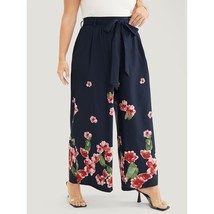 Bloomchic Floral Wide Leg Pocket Pleated Detail Belt Pants Navy Blue 14-16 - $19.24