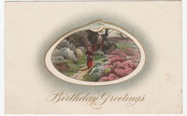 Vintage Postcard Birthday Woman on Country Lane With Flowers Unused - £6.30 GBP