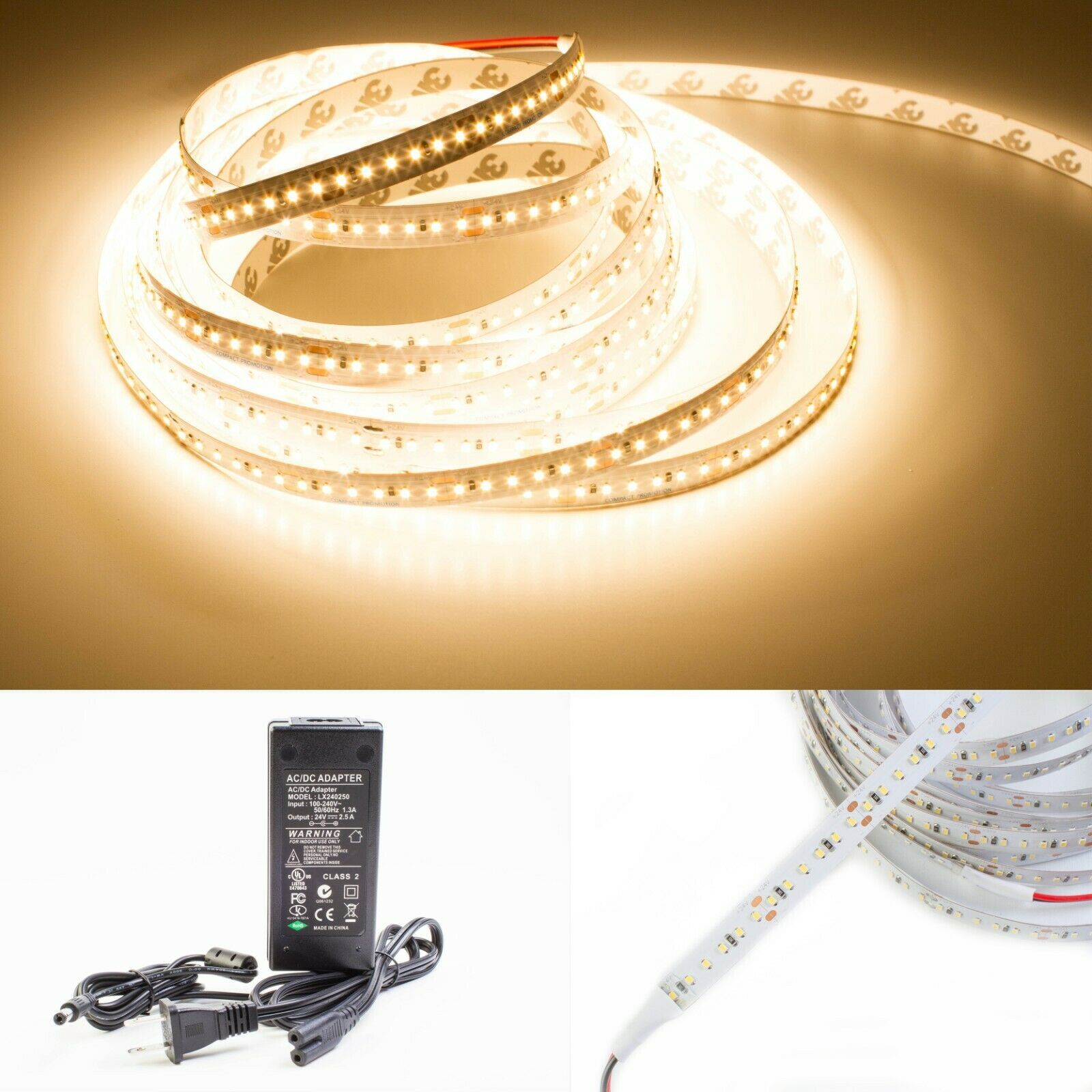 90 CRI LED Strip Light Warm White 24v 3000K 2216 + Aluminum Channel + UL power