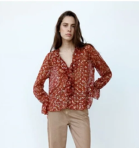 ZARA Women&#39;s Paisley Floral Print Sheer Ruffle Blouse Top V-Neck Size S Red - £15.59 GBP