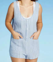 Xhilaration Women&#39;s Blue Striped Seersucker Swim Coverup Romper, Pockets, Size S - £10.21 GBP