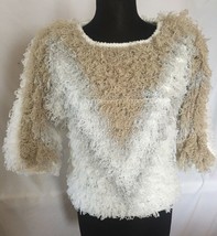 Vintage Hand Crochet Curly Eyelash Sweater Sz M Sideffects NEW Beige White Gray - $39.95