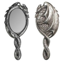 Alchemy Gothic Resting Antiqued Silver Dragon Hand Mirror Scales Wing Tail V81 - £25.67 GBP