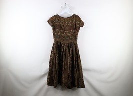 Vtg 50s 60s Mid Century Modern MCM Womens M Flower Tapestry Pleated Dres... - $49.45
