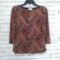 Coldwater Creek Blouse Womens Medium Black Red Paisley Metallic Beaded Hem Boho - £15.97 GBP