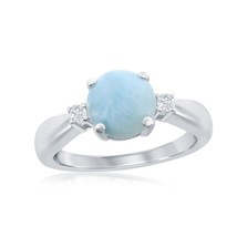 Sterling Silver Four-Prong Round Larimar with White CZ Side Stones Ring - £44.18 GBP