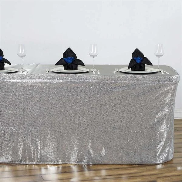 Silver - 17FT - Table CoverTable Skirt Wedding Party Glitzy Sequin Decoration  - £103.48 GBP