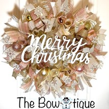 Christmas Snowflake Holiday Ribbon Door Wreath Handmade 22 ins LED W42 Gold Pink - £64.11 GBP
