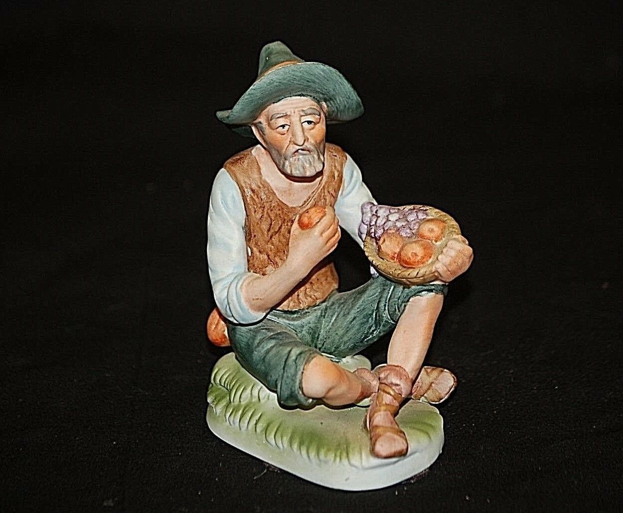 Old Vintage Bisque Inarco Man w Basket of Apples Shadow Box Shelf Japan E1470 - $19.79