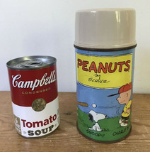 Vintage 1960s Peanuts Charlie Brown Lucy Snoopy Baseball Metal Thermos Mug - £47.18 GBP