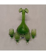 Green Peacock Italian Decanter with 4 Cordial Glasses 3 Lipped Top - £51.18 GBP