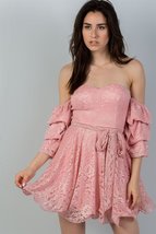 Flounce-Hem Off Shoulder Lace Mini Dress - Pink - £31.89 GBP