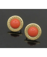 Authenticity Guarantee 
14K GOLD - Vintage Cabochon Cut Coral Greek Key ... - $1,048.08 CAD