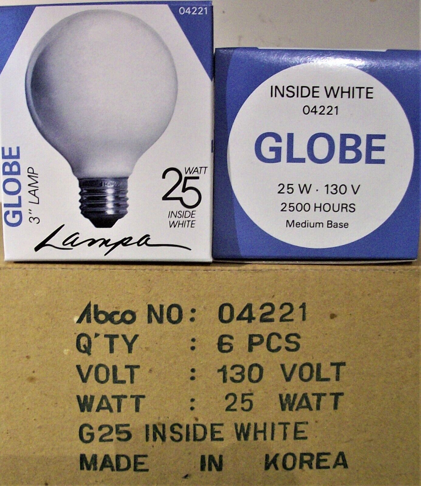 ABCO 04221 BOX 6 BULBS 25G25WH 25W G25 Globe 130V Medium Base Light Bulb White - $17.41