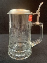 NEW! Vintage! 6” Tall Clear Glass Stein Pewter Lid Tree/Fish ALWE Handle - £10.16 GBP