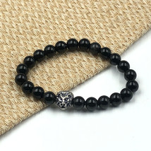 Natural Silver Obsidian &amp; Lion 8 mm Bead 7.5&quot; Stretch Bracelet TSB-28 - £11.06 GBP