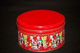 Teddy Bears Red Lithograph Tin Can with Lid Round Storage Container - $9.89
