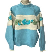 Vintage Evian LTD Knit Sweater Blue White Floral Mockneck Size L Womens 80s 90s - £27.33 GBP