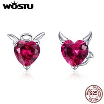 WOSTU 100% Authentic 925 Silver Red Heart Stud Earrings For Women Fashion Jewelr - £18.14 GBP