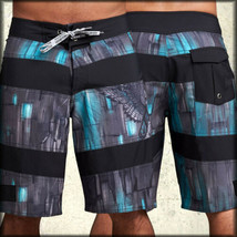 Remetee Wings Stripes Graphics Mens Board Shorts Black Blue Grey 30 32 34 36 38 - £50.66 GBP