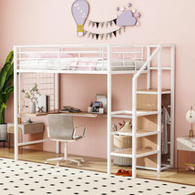 Twin Size Metal Loft Bed with Desk and Metal Grid, Stylish Metal Frame Bed - £321.78 GBP
