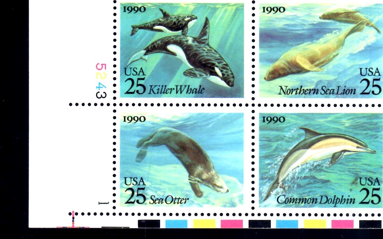 Primary image for U S Plate block of 4 Marine Mammals 25c Sea Lion, Sea Otter, Killer Whale,Dolph