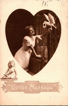 Vtg Postcard 1911 Valentine - Love&#39;s Message - Woman W Dove in Heart w Cupid - £7.32 GBP