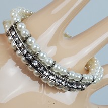 Vintage Stretchy Faux Pearl Rhinestone Statement Beaded Bracelet 3 Strand - £12.86 GBP