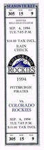1994 Pirates @ Rockies Full Unused Phantom Ticket September 6th Strike Year - £7.54 GBP