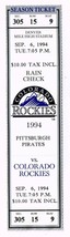 1994 Pirates @ Rockies Full Unused Phantom Ticket September 6th Strike Year - £7.17 GBP