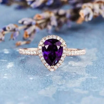 2Ct Pear Cut Simulated Amethyst Halo Engagement Ring 14K Rose Gold Plated Silver - £32.87 GBP
