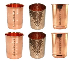 Copper Water Drinking Tumbler Glass 2 Hammered 2 Smooth 2 Silvertouch 300ML Each - £29.12 GBP