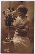Greeting Postcard Friendship Sepia Lady With Flowers Mesange - $3.60
