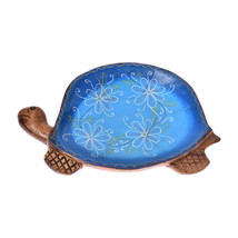 Joyful Turtle Hand Painted Blue Floral Carved Mango Wood Tray - £17.40 GBP