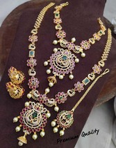 Indian Gold Plated Bollywood Style CZ AD Jewelry Ruby Necklace Earrings Set - £60.94 GBP