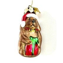 Christmas Ornament Dog in Santa Hat w Present Hand Painted Glass 2.25 x 1 in. - £14.60 GBP
