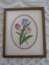Framed &amp; Matted TULIP FLORAL Cross Stitch WALL HANGING - 10&quot; x 12&quot; - $9.90